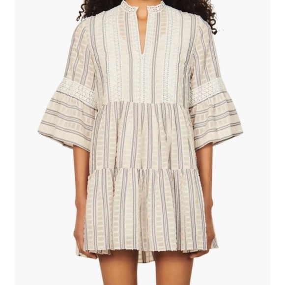 SANDRO • Ecru/White/Navy Stephanie Stripe Boho Lace-Trim Tiered Mini Dress - Picture 1 of 16